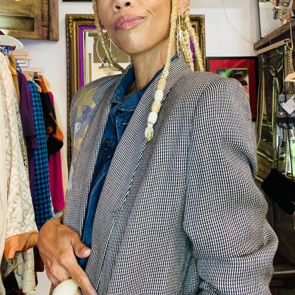 OOAK hand painted vintage houndstooth check blazer jacket pockets S M L stars - Picture 4 of 5